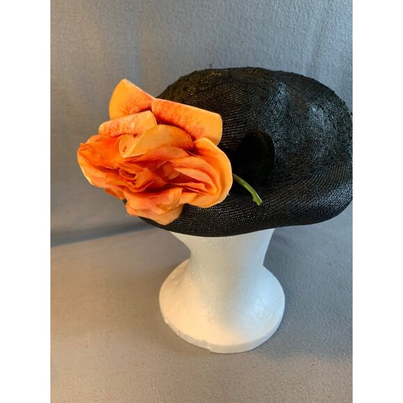 Abramson's Ladies Black Hat with Silk Flower and Velvet Button Vintage - Picture 8 of 10